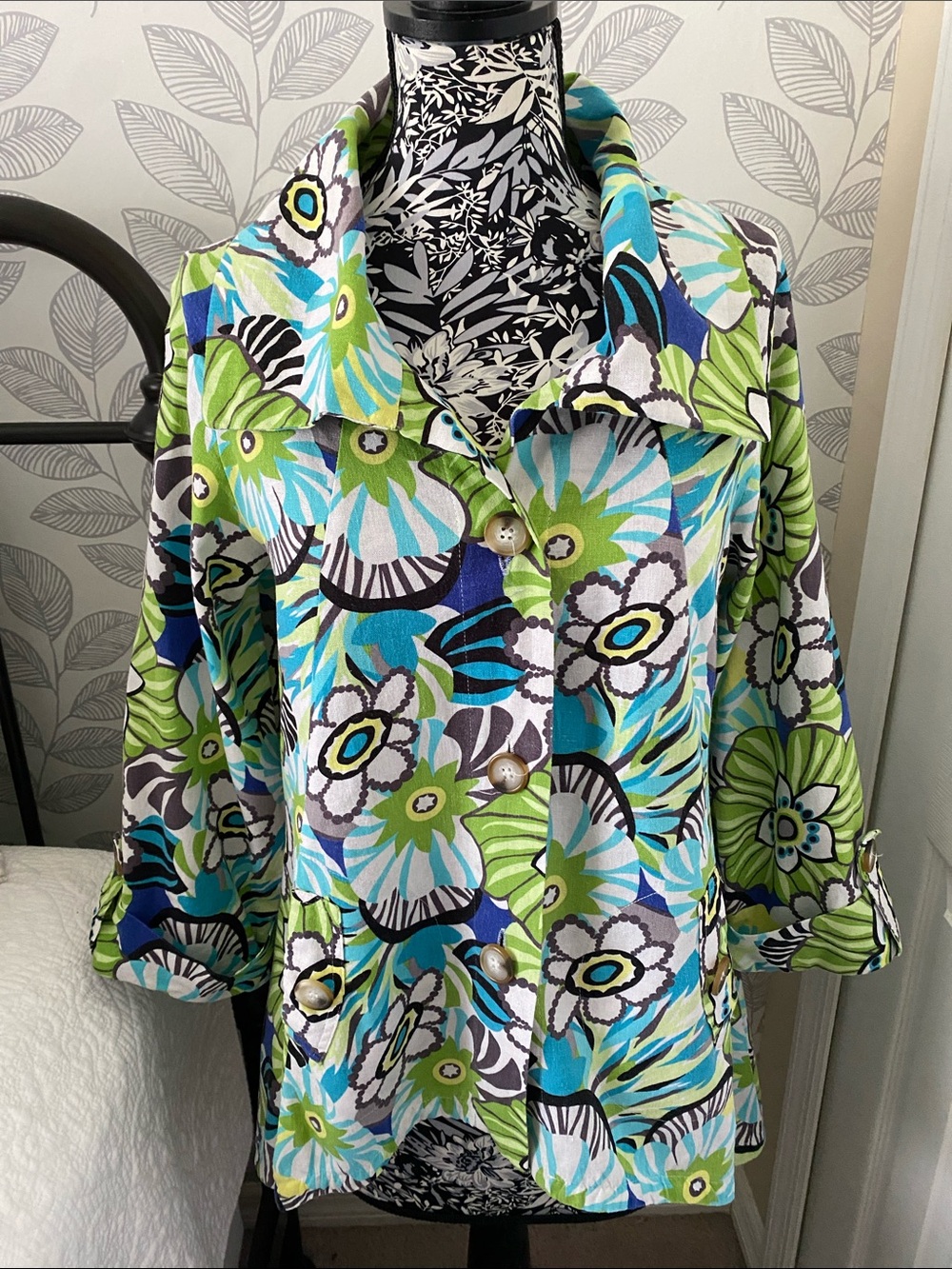 For Cynthia linen blend swing jacket in vibrant blue & green floral pattern